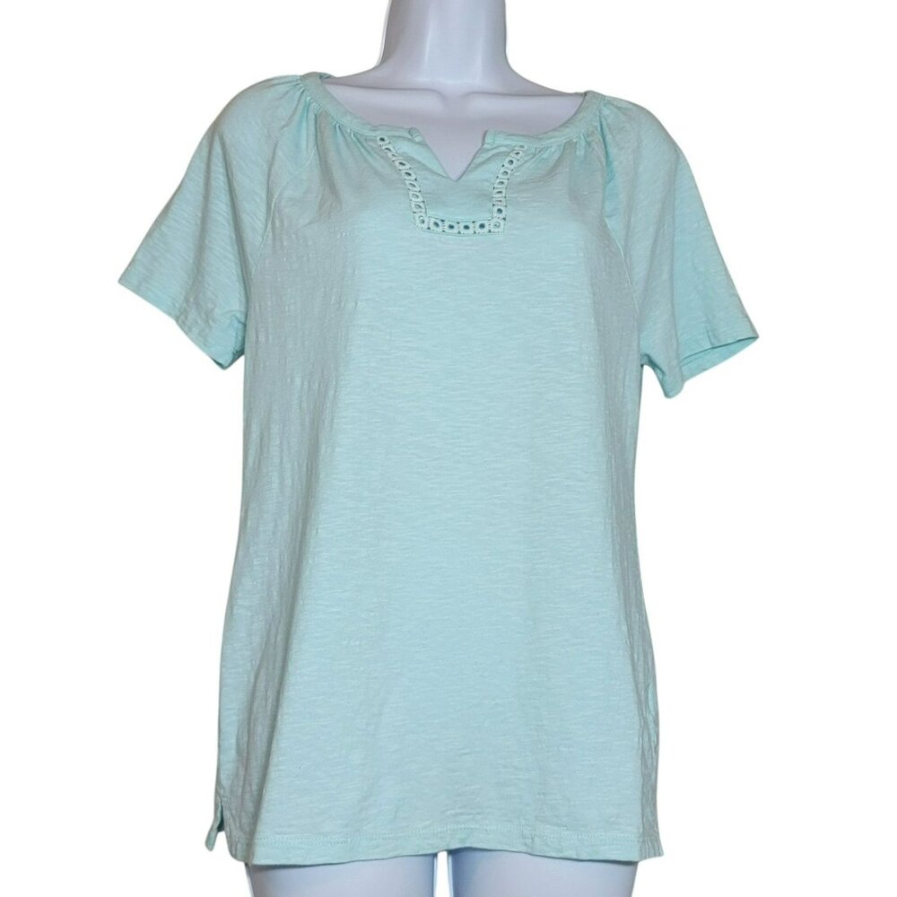 Talbots Tee-shirt, Women XS, Light Heathered Blue, Eyelet Accent V-Neck, EUC